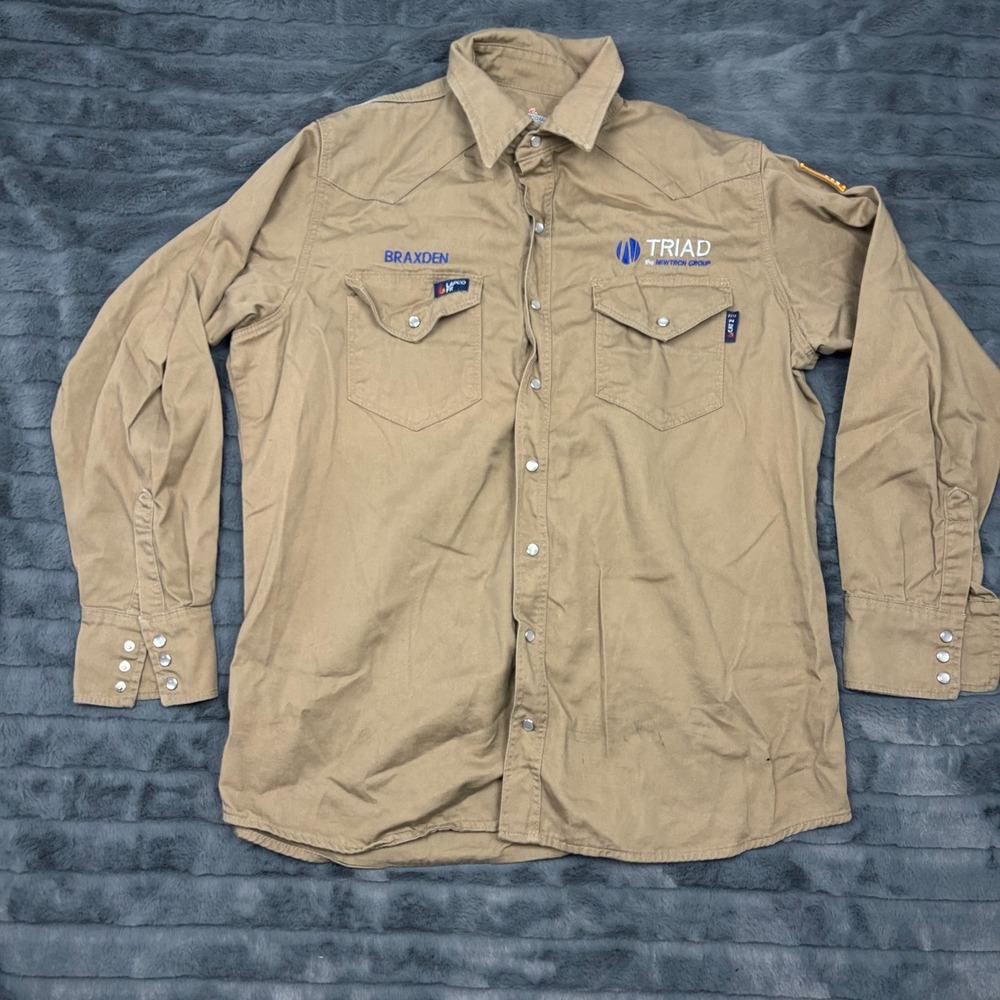 LAPCO FR Work Shirt Mens Large Khaki Flame Resistant Western Snap IKH7WS CAT 2